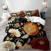 [LUVIVIHOME] 3PCS Boho Floral Duvet Cover King Bedding Set, Vintage Mid Century Modern Bohemian Leaves Botanical Plant White Burnt Orange Terracotta Red Peony Flower Comforter Quilt Cover 2 Pillow Cases