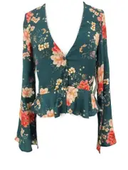 New Flynn Skye Abstract Emerald Blouse XS Long Bell Sleeve Floral Rayon Top