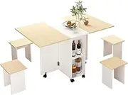 Luxsuite Folding Dining Table Set and Chairs Drop Leaf Rectangular Table with Wheels Modern Home Furniture White & Oak