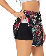 [GaxfjRu] Colorful Floral Skulls Print Women's Running Shorts High Waisted Running Shorts Pocket Sporty Gym Elastic Short