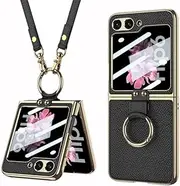 Folding Leather Case for Samsung Galaxy Z Flip 6/5, Mobile Phone Shell for Z Flip6/5 with Strap, Creative Women's Screen Protective Cover with Electroplating Ring Bracket (Black, for Flip 5)