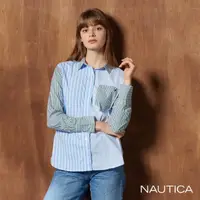 在飛比找momo購物網優惠-【NAUTICA】女裝 跳色拼貼直條紋襯衫(綠藍色)