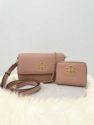 NWT AUTH Tory Burch Britten Pink Moon Leather Chain Convertible Crossbody+Wallet