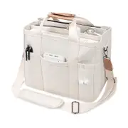 Women's canvas multi-pocket tote bag, large capacity shoulder bag with compartments.
