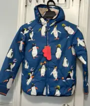 Mini Boden Sherpa Lined Anorak Penguin Print Size 11-12y Blue Puffer Jacket NWT