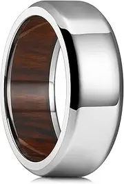 [King Will] 8mm Silver Titanium Ring Inlaid Wood Inner Hole Wedding Band for Men High Polished Beveled Edge Comfort Fit