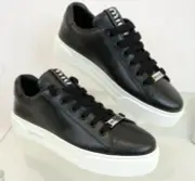 MIU MIU PRADA 5E165D BLACK LEATHER METAL LOGO LACE UP PLATFORM SNEAKERS 38