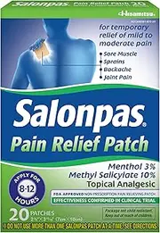Salonpas Pain Relief Patch, 20 Count (Pack of 1), Up to 12 Hours Temporary Relief of Mild to Moderate Pain, Backache, Sore Muscle, Sprains, Bruises