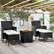 5 Piece Garden Bistro Set Poly Rattan & Solid Acacia Wood Black Patio Bar Sets