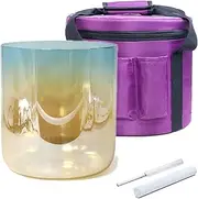 Chakra Quartz Crystal Singing Bowl for Meditation Therapy, Sound Healing Instrument Sound Bath Bowl with Carrying Case Suede Mallet Crystal Striker & O-ring, Champagne Cyan Gradient(432Hz,5.5inch A4)