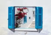 Polyester 7x5ft Greece Blue Shutters Backdrop Santorini Decor Mediterranean B...