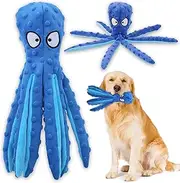Dog Squeaky Toys, Octopus Interactive Play Toy, No Stuffing Plush Dog Chew Toy with Crinkle Paper for Medium and Large Dog Playing (Blue)