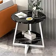 Hbluefat End Table, 2-Tier Modern Wood Round Side Table, Small Metal Frame Bedside Table, Simple Nightstand for Home Office, Small Space, Living Room, Bedroom (Black Marble+White)