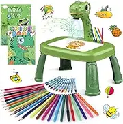 Dinosaur Drawing Projector Table with 72 Patterns Smart Sketcher Projector Drawing Board Kids Art Tables with Pens,Pencils,Crayons,Scrapbook,Sticker Book,Unicorn Stickers,Stamps （12.6*9.5*14.5 inches）