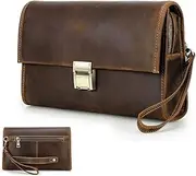 [FAOONNMY] Vintage Genuine Leather Clutch Bag for Men, Large Capacity Zipper Phone Handbag for 8.3" iPad Mini with Metal Combination Lock & Wrist Strap, Men's Casual Business Organiser Bag Long Wallet