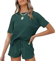 [MEROKEETY] Women's Short Sleeve Waffle Pajama Sets Lounge Top and Shorts 2 Piece Tracksuit Outfits