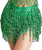 [YSSLAPU] Belly Dance Hip Scarf Sequin Tassel Skirt Dance Wrap Skirts Sparkly Fringe Rave Outfits for Women