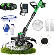 Garden Cordless Strimmer, Electric Brushless Grass Strimmer with Gloves, Goggles, 2 x 3000mAh Batteries, 3 Types of Blades, 1-30cm Retractable Lawn Mower, for Garden Lawn