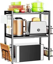 DOLALIKE Microwave Oven Rack, Expandable Microwave Stand Countertop Kitchen Utensils Tableware Storage, Carbon Steel Over Microwave Shelf Countertop with 6 Hooks