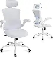 Ergonomic Mesh Office Chair, High Back Executive Desk Chair with Adjustable Headrest and Lumbar Support, Flip-Up Arms, Rocking, Swivel Rolling Computer Mesh Chair for Home Office-White