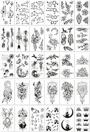 30 Sheets Waterproof Fashion Black Stickers Temporary Tattoo Designs with Zodiac Signs Whales and Floral Patterns