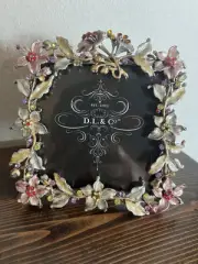 Enameled Floral Garland Crystal Picture Frame Vintage Ornate Colorful