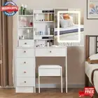 White Modern Dressing Table with LED Lights Mirror Vanity Make up Desk Stool Set