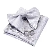 Fashion New Paisley Adjustable Pre-tied Big Bow Tie and Pocket Square Silver