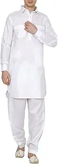 [Royal Kurta] Men's Cotton Linen Pathani Kurta And Salwar Set (42, White)
