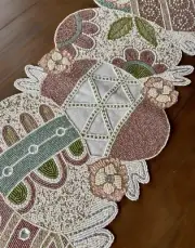 NICOLE MILLER Jute Beaded Table Runner Easter Eggs Bunny Flowers Spring New!