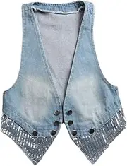 [Bciopll] Women Thin Denim Vest Fashion Sleeveless Jacket Ladies Cowboy Slim Cardigan Waistcoat Light Blue M(6)