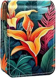 Lipstick Case,Leather Lip Gloss Lipstick Organizer with Mirror,Mini Lipstick Holder Bag,Floral Plant Tropical Jungle