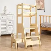 Enliansgo 2 in 1 Solid Wood Learning Tower with Step Ladder, Kitchen Step Stool for Kid's Adjustable Height Learning Stool,Folding Adjustable Toddler Standing Tower