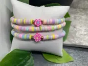 3 PC Set Heishi 7” Plus Stretch Bracelet Polymer Clay Beads Flower B3076
