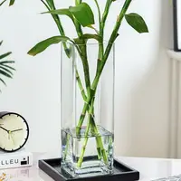 在飛比找樂天市場購物網優惠-玻璃花瓶擺件客廳透明插花干花方形直筒大號裝飾花器水培富貴竹瓶