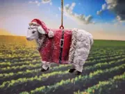 New Melrose Resin sheep in a Santa Clause Outfit Christmas Ornament farm animal