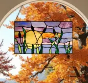 Tiffany Style Stained Glass Panel with Cattails Design for Sunlit Windows 14x8in