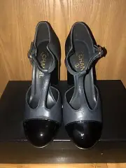 Chanel Authentic CC Black T Strap Mary Jane Pumps Gold Chain Heel Shoes 40/9.5