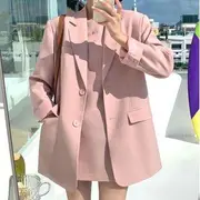 Plain Single-Breasted Blazer / Sleeveless Mini A-Line Dress Blazer - Pink - One Size