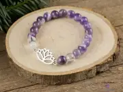 CHEVRON AMETHYST Crystal Bracelet, Lotus Flower Charm, QUARTZ Round Beads, E1437