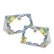 Blue Tiles Lemon Place Cards Mediterranean Themed Tent Style Cards Table Plac...
