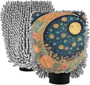 XYMZR Night Boho Moon Sun Absorbent Microfiber Car Wash Mitt, Funny Cute Anime Scratch Free for Cars Cleaning, Home Cleaning Mitts, 2 Pack, 10.24” L x 7.09” W