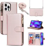 Cavor for iPhone 14 Pro Case 6.1 inch PU Leather Folio Flip Wallet Back Cover Magnetic Case with Long Shoulder Lanyard Zipper Coin Purse 9 Card Holder Kickstand Wristlet Strap-Rose