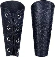 GORGECRAFT 2PCS Medieval Arm Guards Black Leather Gauntlets Wristband Woven Chequered PU Leather Archery Bracers Adjustable Arm Armor Cuff for Halloween Outdoor Gothic Role-Playing Knight Costumes