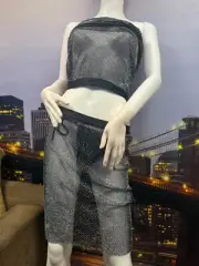 Sheer Mesh Mini Skirt Glitter Rhinestone Hollow Out See Through Sexy Club Beach