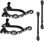 MORECP Western Cowboy Spurs with Silver Stars & Rowel Gear - Includes Black Leather Straps & Buckle for Riding Boots, Cowboy Style​