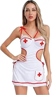 [winying] Women's 3 Pieces Nurse Cosplay Costume Hollow Out Lace Mini Skirt with G-String Apron Lingerie