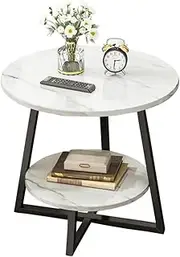 2-Tier Modern Coffee Table with Black Frame, Round Sofa Side Table, Cross Shaped Metal Frame Corner Table, Suitable for Living Room Bedroom Home Office