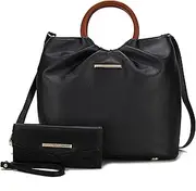 [MKF Collection] Tote Bag Set for Women, Vegan Leather Circular Wooden Top-Handle Shoulder Handbag Purse With Wristlet Wallet