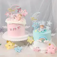 在飛比找蝦皮購物優惠-蛋糕裝飾 閃片彩色星星天使牛寶寶 周歲寶寶蛋糕插件插牌